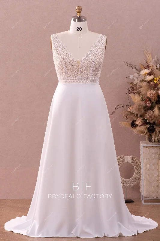 Special Savings Plus Size Straps Plunging Lace Crepe A-line Wedding Dress