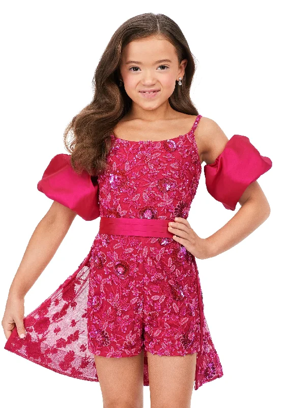 Year-End Clearance Ashley Lauren Kids 8233 Fully Beaded Spaghetti Straps With Detachable Puff Sleeves Detachable Overskirt Romper