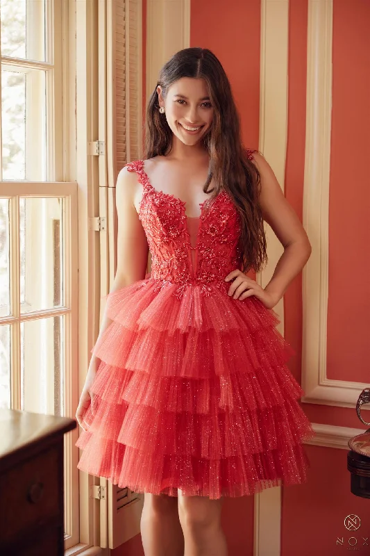 Daily Specials Nox Anabel E904 Size 8 Red Short sheer lace sequin Homecoming Dress Layer shimmer skirt Corset Gown