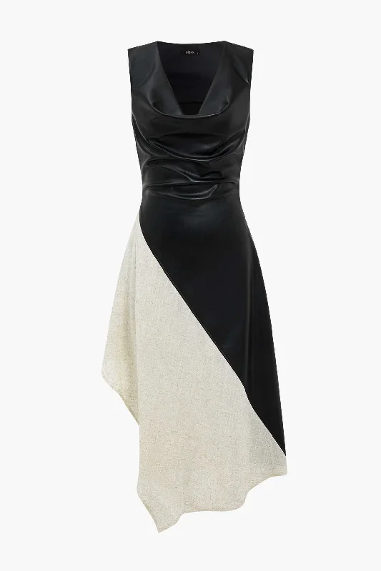 Super Deal Color Block Draped Cowl Neck Asymmetrical Midi Dress