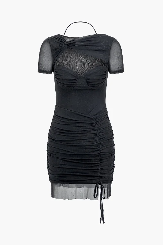 Online Only Mesh Cut Out Twist Drawstring Ruched Tie Mini Dress
