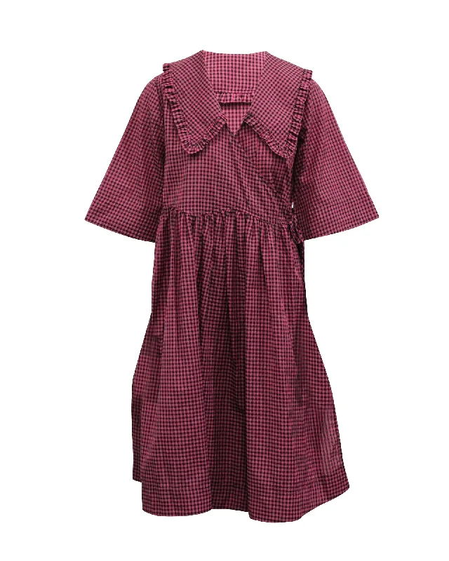 Price Cut Ganni Check Print A-line Dress in Pink Cotton