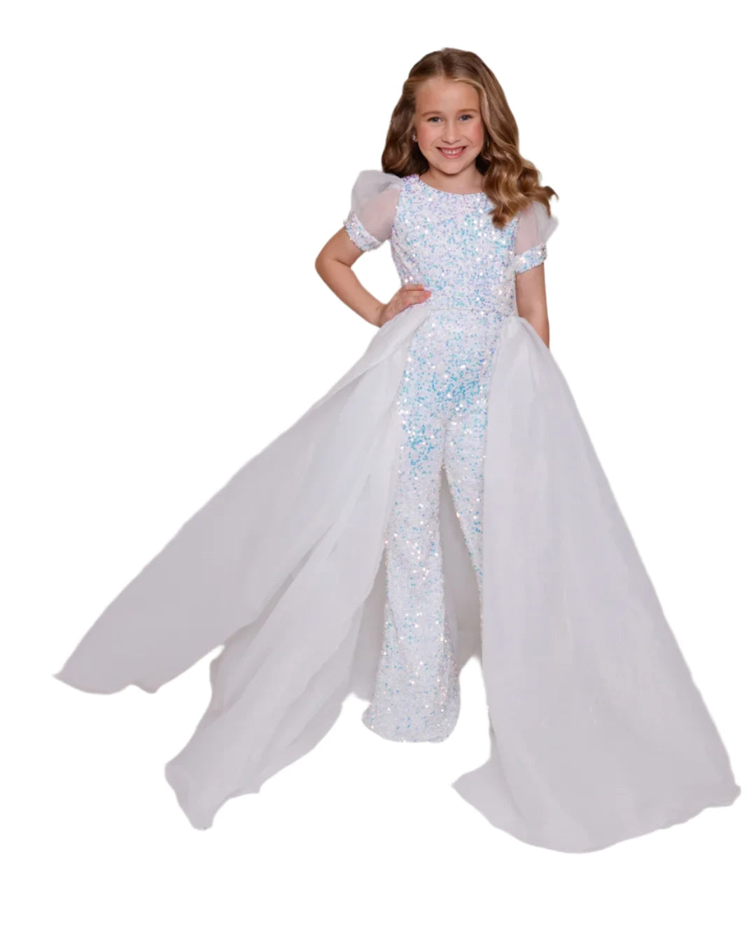 Price Drop Ava Presley 38044 Girls Sequin Pageant Jumpsuit Overskirt Puff Sleeve bell bottom Formal Wear