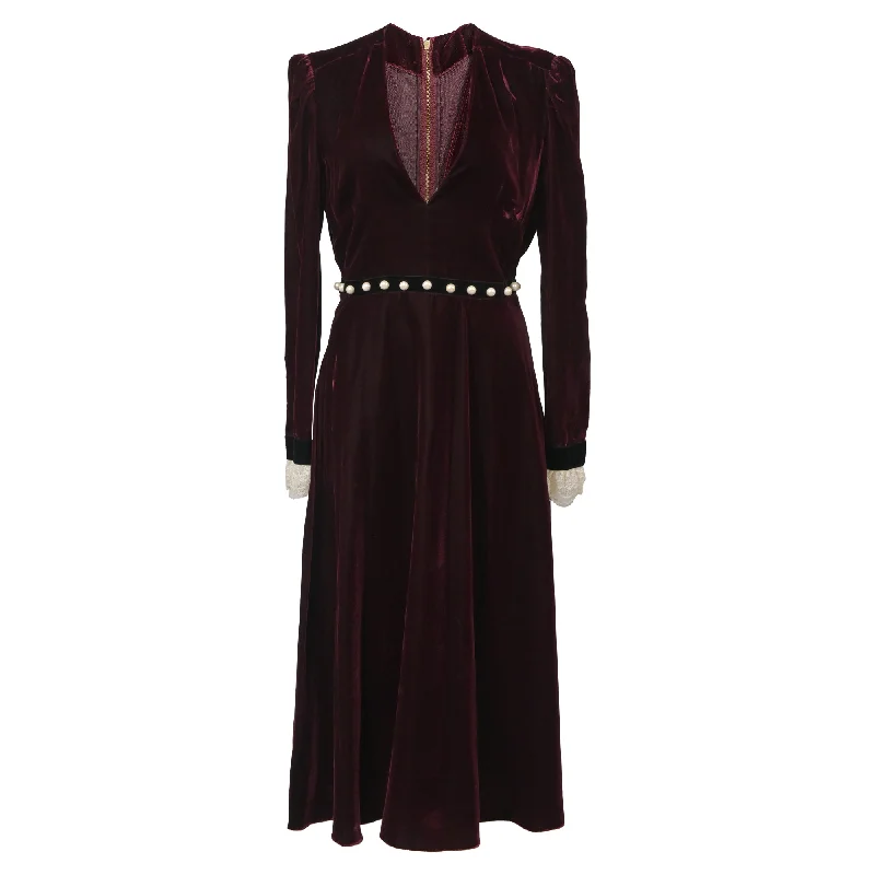 One-DAY Sale Philosophy di Lorenzo Serafini Deep V Neck Midi Dress in Burgundy Velvet