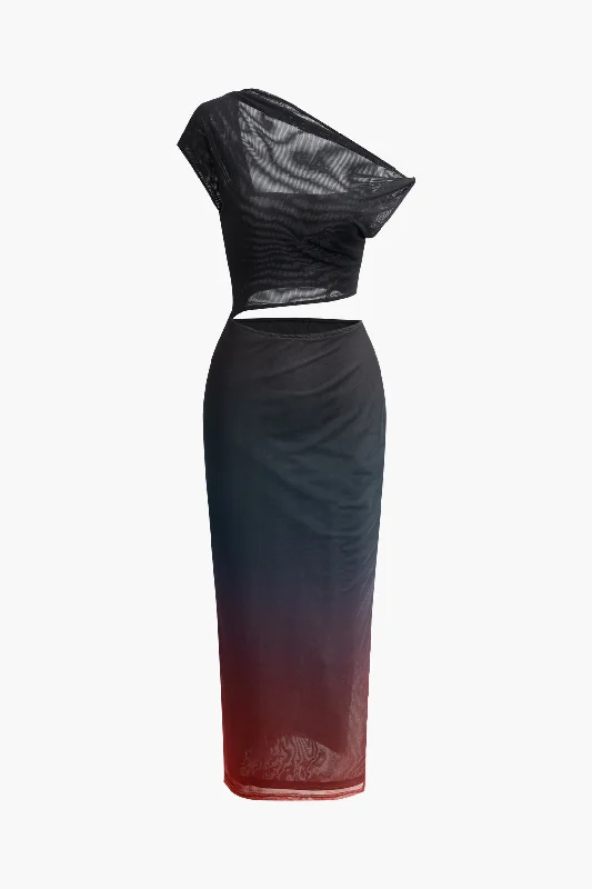 Super Sale Ombre Cut Out Asymmetrical Mesh Slit Midi Dress