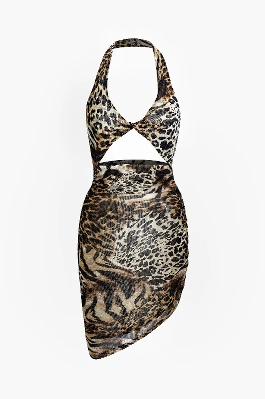 Online Only Leopard Print Twist Halter Backless Midi Dress