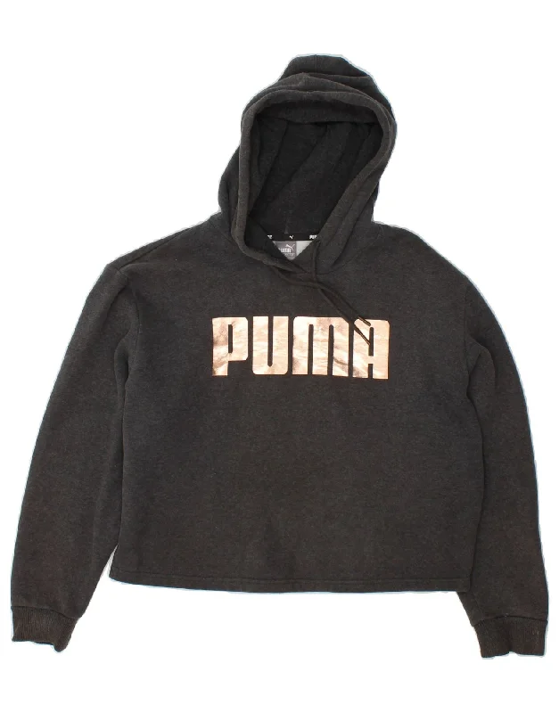 Discount Mania PUMA Womens Graphic Crop Hoodie Jumper UK 14 Medium Grey