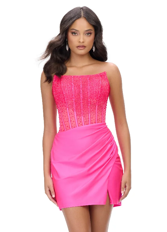 Huge Discounts Ashley Lauren 4686 Size 2 Hot Pink Homecoming Dress Short Sheer Crystal Formal Scoop Neck Cocktail Gown