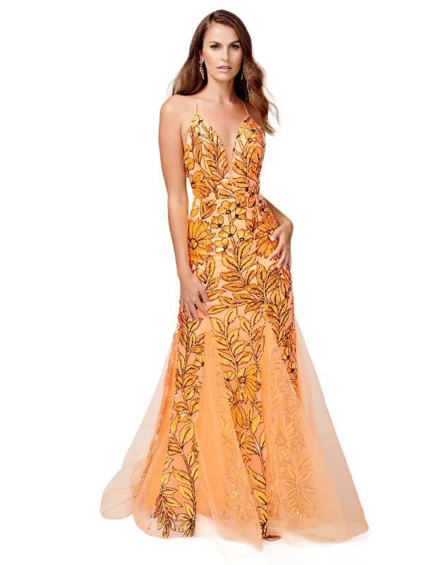 Massive Deals Nina Canacci 8236 Size 4, 6 Orange Sequin Mermaid Prom Dress Backless Corset Formal Gown V Neck