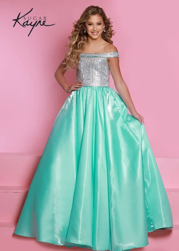 Special Discount Sugar Kayne C313 Size 4 Aqua Long Shimmer Satin off the shoulder Girls Pageant Dress Crystal Bodice