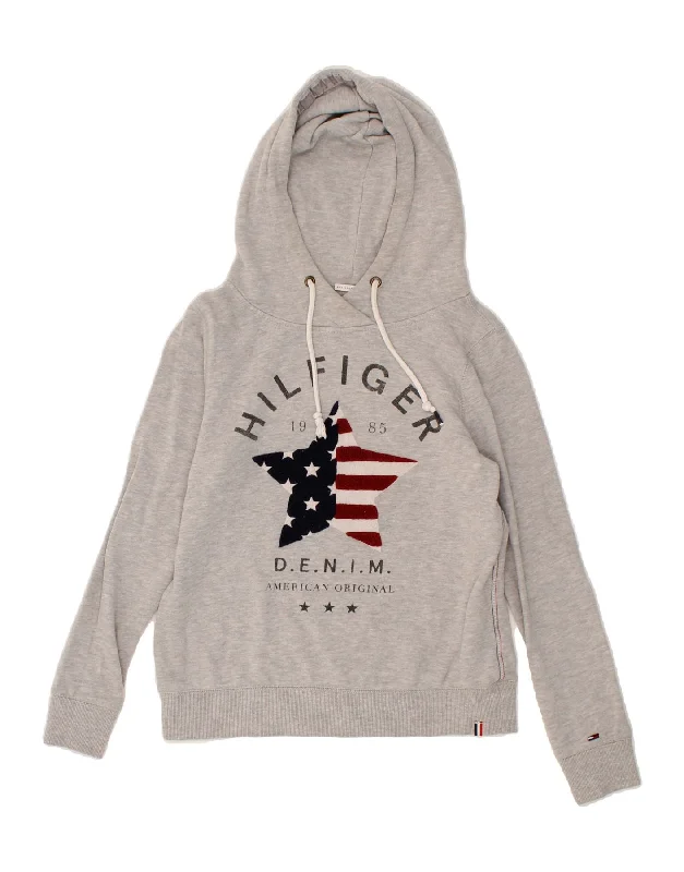 Last Chance TOMMY HILFIGER Womens Graphic Hoodie Jumper UK 10 Small Grey Cotton