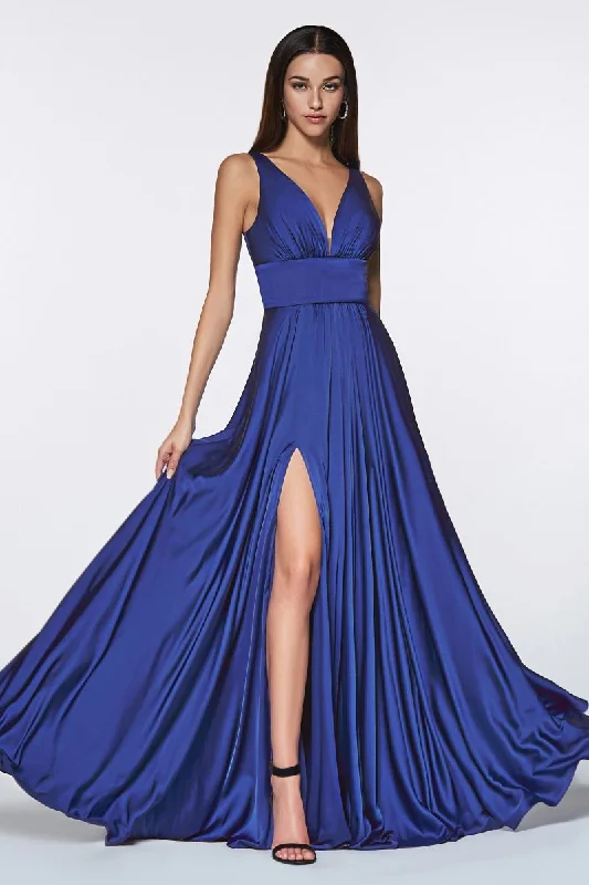 Super Deal Ladivine 7469 Size 14,20,22,24 Royal Long Bridesmaids Dress Simple Slit Satin Formal V Neck A Line Evening Gown