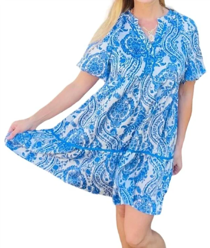 Final Clearance Faux Button Dress In Sapphire Paisley