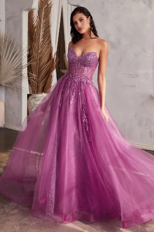 New Deals Ladivine CD0230 Size 10 Amethyst Beaded Sheer Corset A Line Maxi Slit Prom Dress Shimmer Ballgown Formal