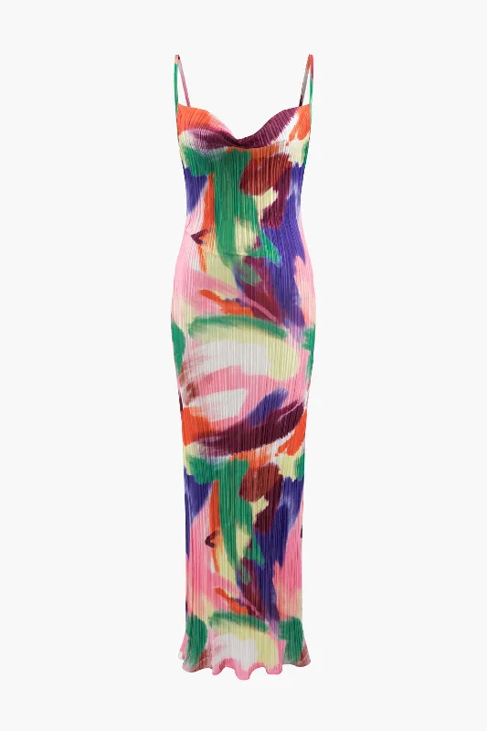 Savings Event Abstract Cowl Neck Plisse Maxi Dress