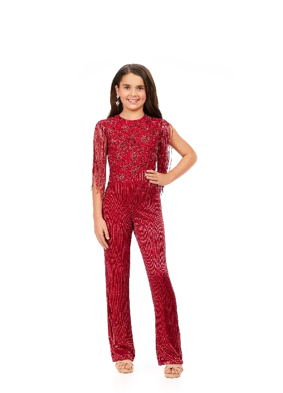 Weekend Special Ashley Lauren Kids 8193 Girls Pageant Jumpsuit Liquid Beaded Crew Neckline With Fringe details and one long sleeve Jumpsuit
