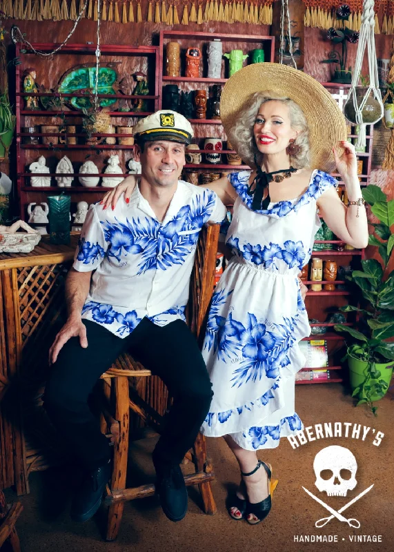 Savings Event Vintage 1980's White & Blue Dress & Shirt Matching Set
