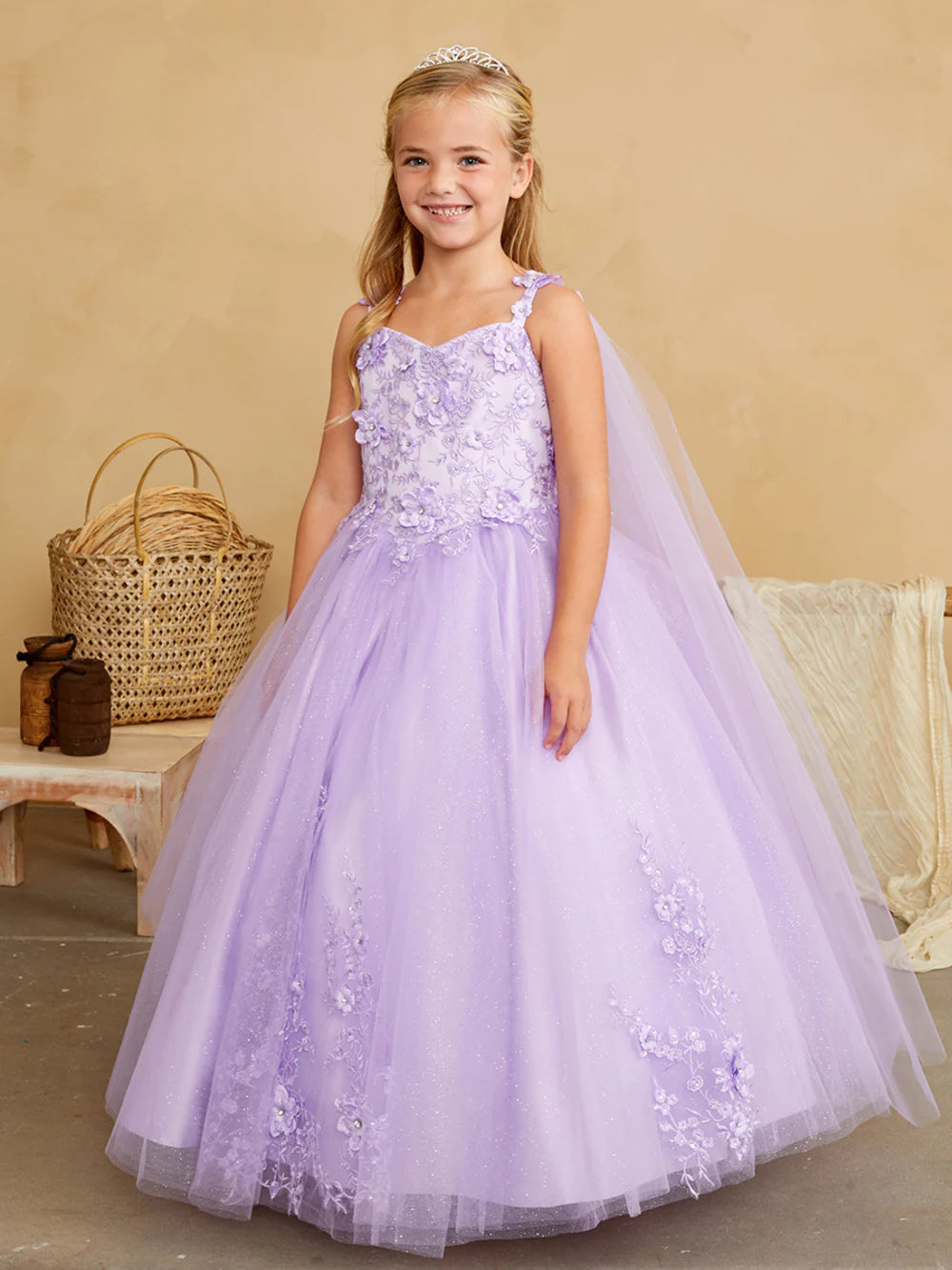 Closeout Tip Top 7040 Long Glitter Lace Girls Pageant Dress Formal Flower Girl Gown Detachable Cape