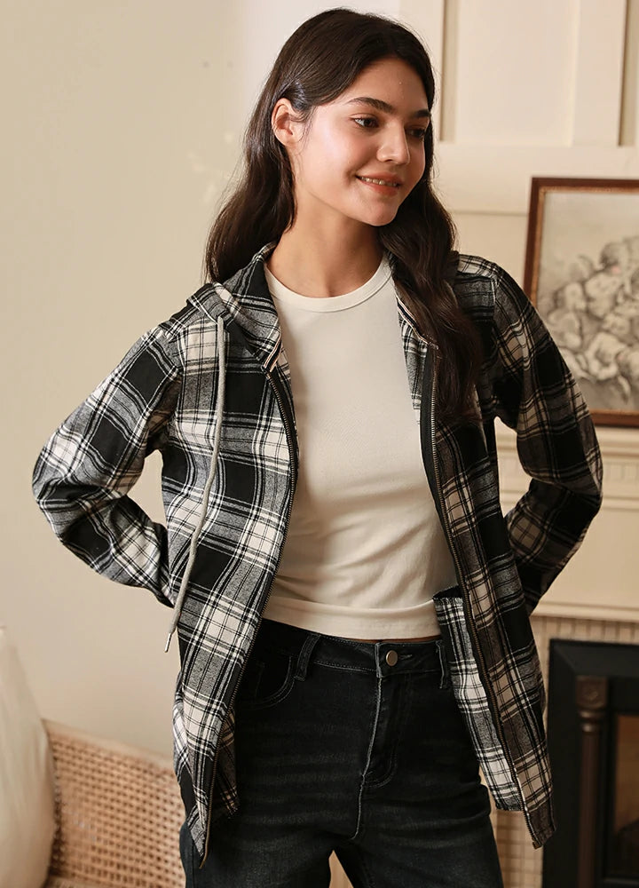 Bargain Blast Women's Hooded Plaid Brushed Flannel Shirt, Full Zip Flannel Hoodie
