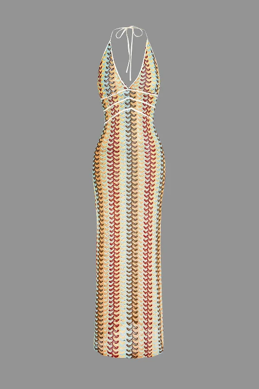 Deep Discounts Striped Crochet Halter V-neck Backless Slip Maxi Dress