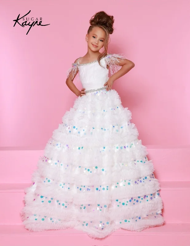 Super Savings Sugar Kayne C342 Long Girls Pageant Dress Feathers Ruffle Layer Sequin off the Shoulder