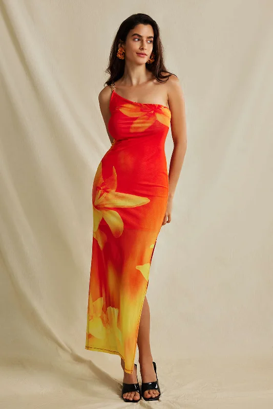 One-DAY Sale Lily Print Asymmetric One Shoulder Maxi Dress