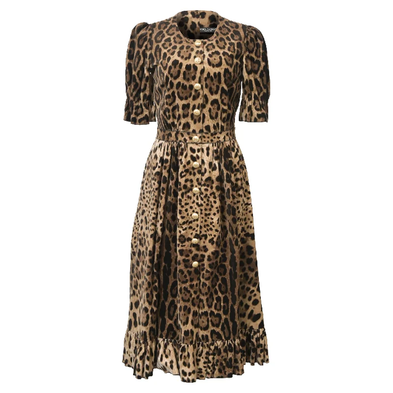 Clearance Sale Dolce & Gabbana Ruffle-Trim A-Line Midi Dress in Animal Print Velvet