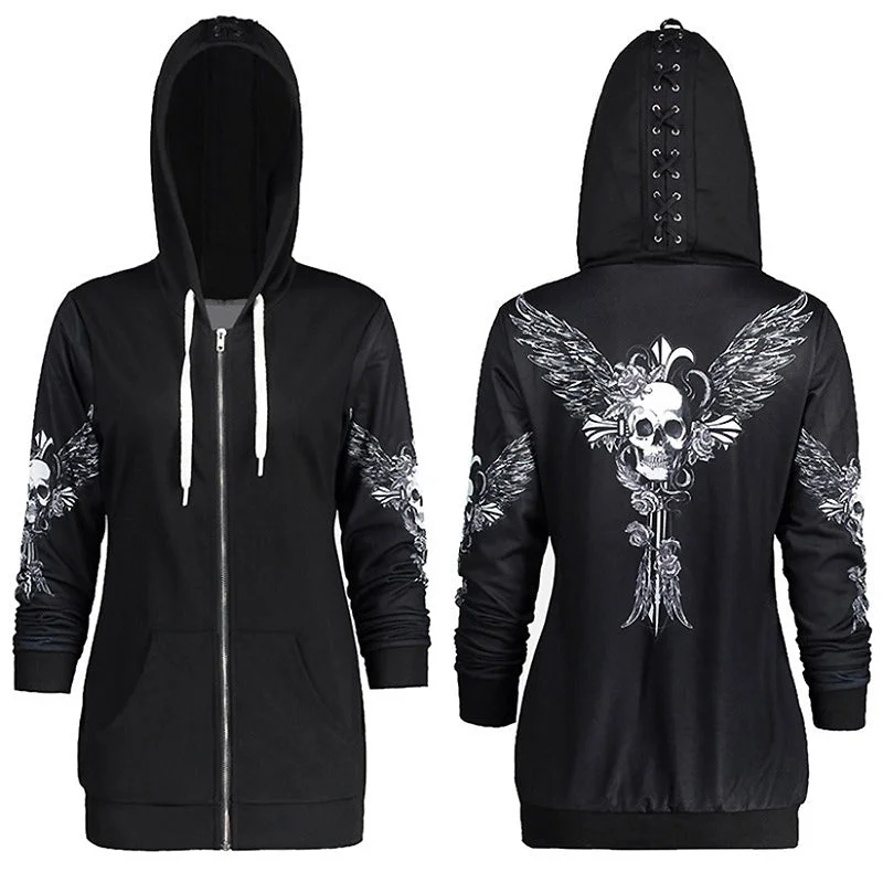 Amazing Deals Skull and Wings Printed Hoodies for Women / Halloween Long Sleeve Zip-Up Sweatshirt