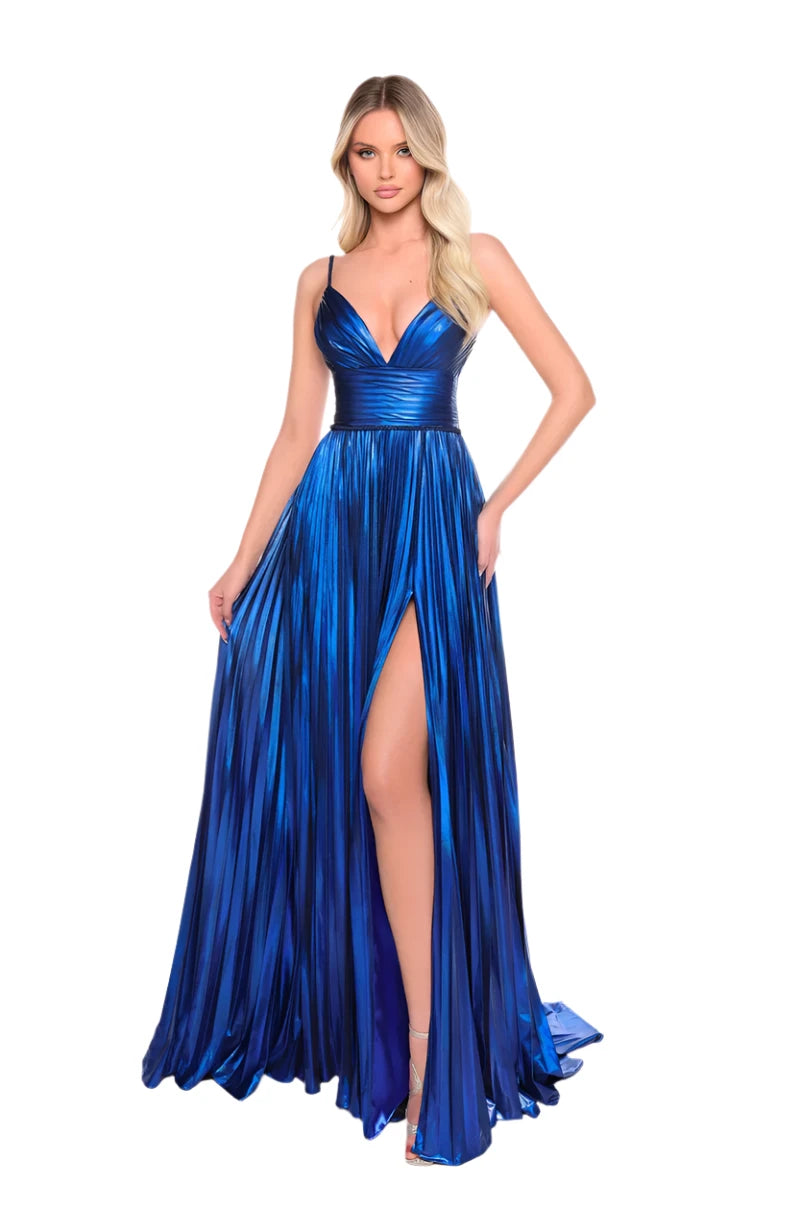 Value Deals Amarra 88096 Size 12 Blue Long Metallic Pleated Prom Dress maxi Slit Corset V Neck Formal Evening Gown