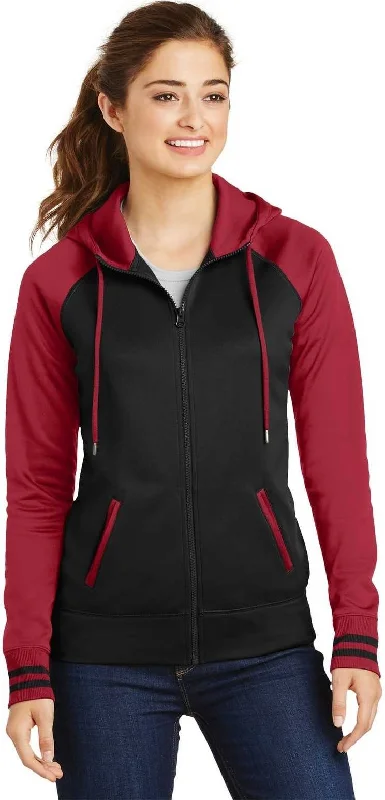 Buy Now Sport-Tek LST236 Ladies Sport-Wick Varsity Fleece Full-Zip Hooded Jacket - Black Deep Red