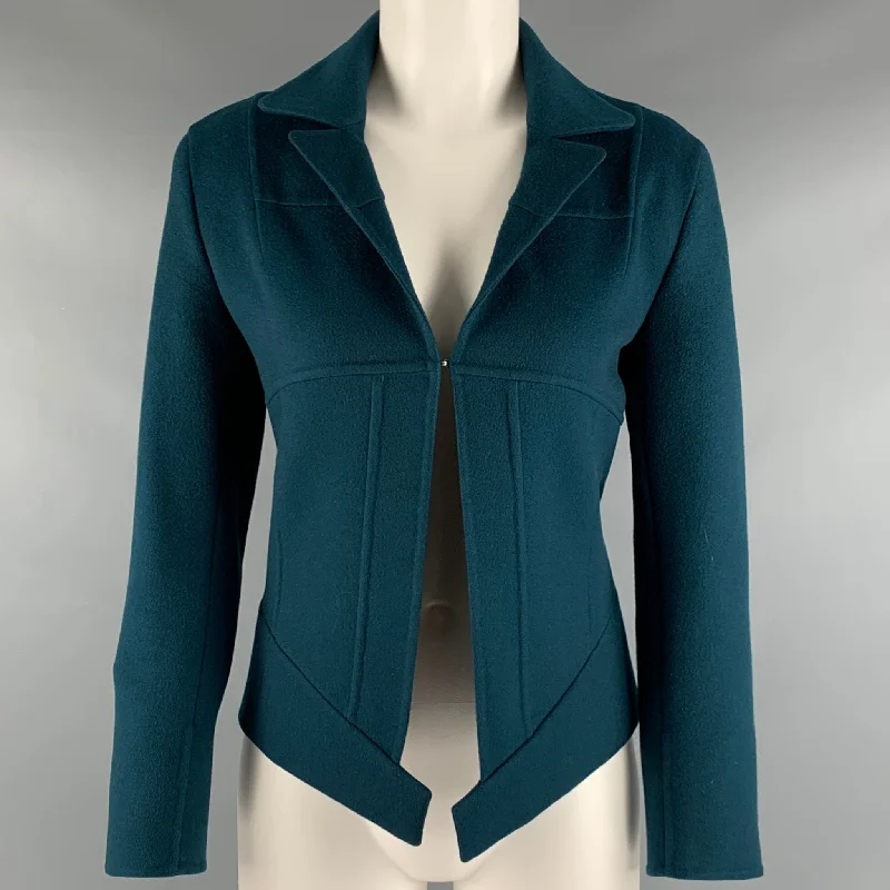 Super Deal AKRIS Size 4 Blue Teal Cashmere Eye and Hook Jacket Blazer