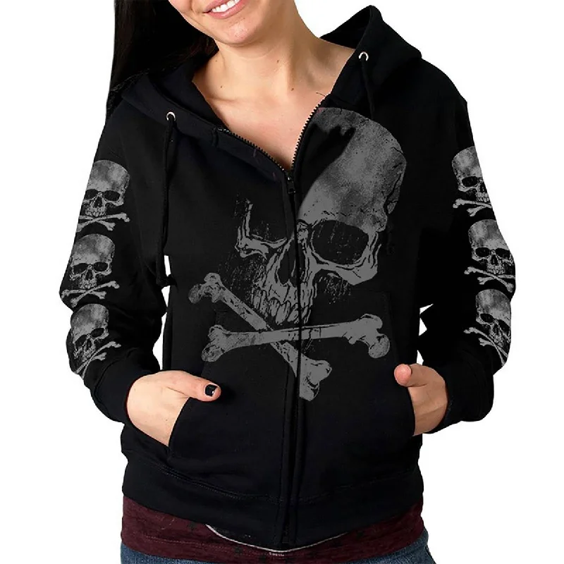Price Cut Hot Leathers GLZ4572 Ladies Black Zipper Hoodie w/ Gray X Bones Print Artwork Price Cut Hot Leathers GLZ4572 Ladies Black Zipper Hoodie w/ Gray X Bones Print Artwork