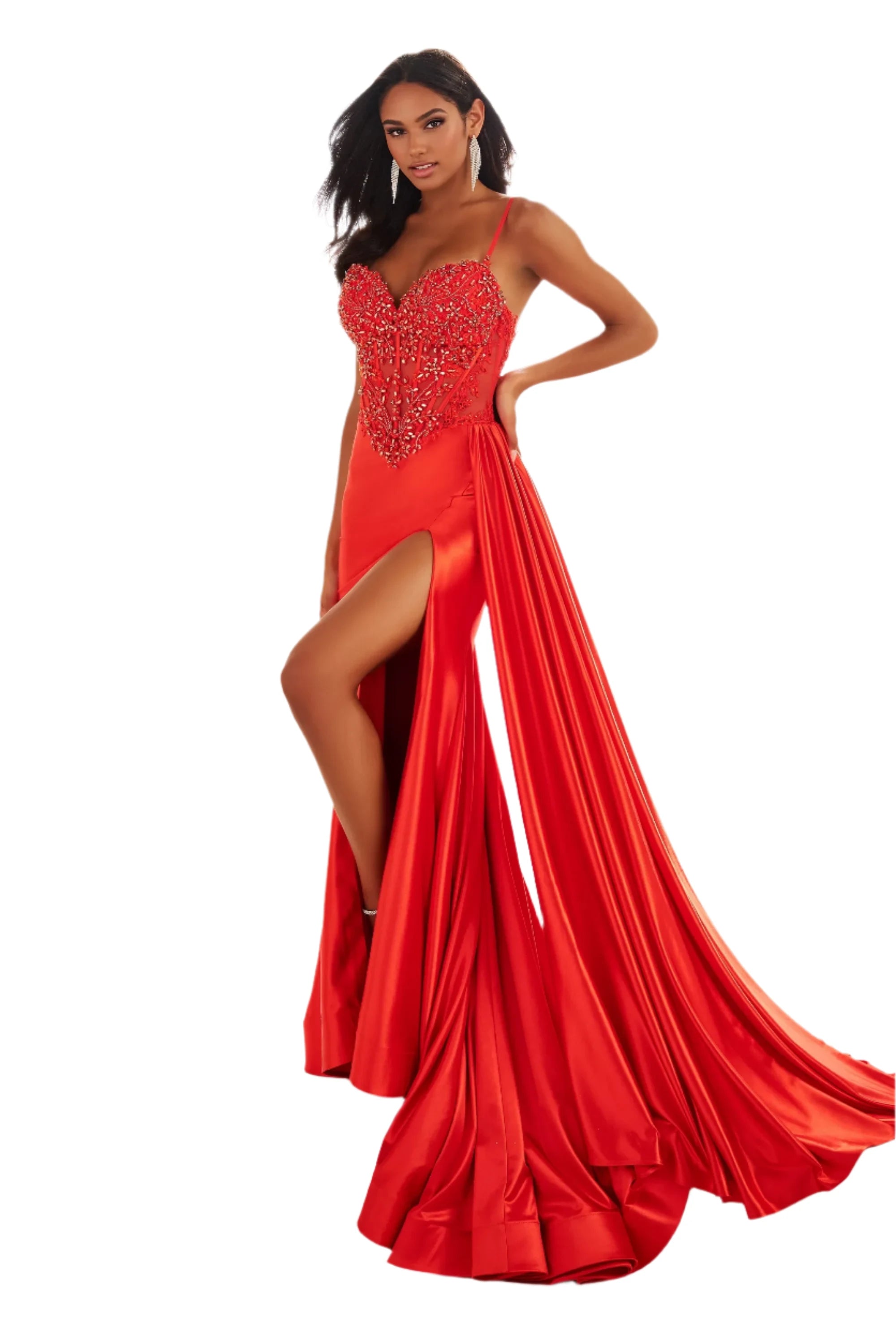 Quick Sale Ellie Wilde EW36064 Size 2 Red Long Sheer Lace Corset Prom Dress Overskirt Slit Pageant Formal Evening Gown