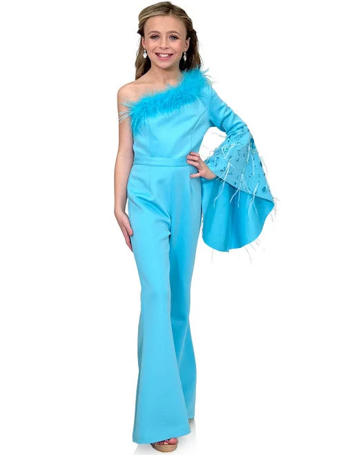 Act Fast Marc Defang 8222K Size 12 Baby Blue Girls Pageant Jumpsuit Feather One Shoulder Long Bell Sleeve Formal Wear Scuba