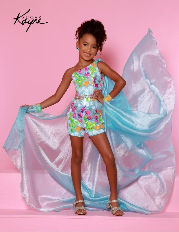 Stock Up and Save Sugar Kayne C347 Girls Pageant One Shoulder Romper Sequin Mesh Overskirt Fun Fashion Shimmer