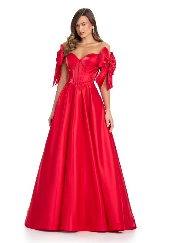 Closeout Ashley Lauren 11871 Size 8 Red Long Bow off the shoulder Dress Corset A Line Pageant Gown Pockets