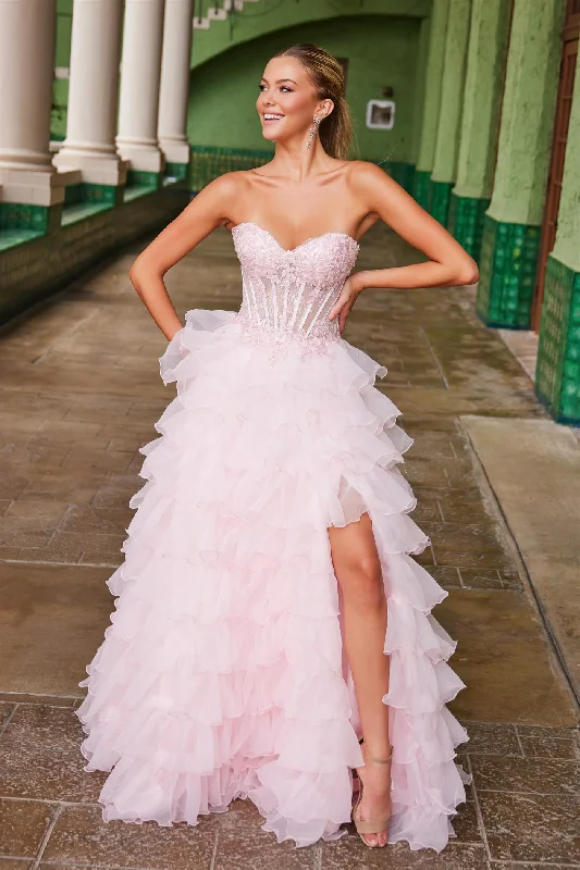 Super Savings Nox Anabel R1688 Size 00, 8 Pink Lace Corset Ruffle A Line Prom Dress Maxi Slit Layered ballgown Formal Strapless