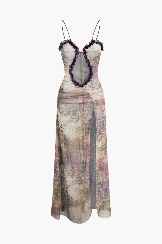 Best Bargains Printed Ruffle Cut Out Mesh Slit Slip Maxi Dress