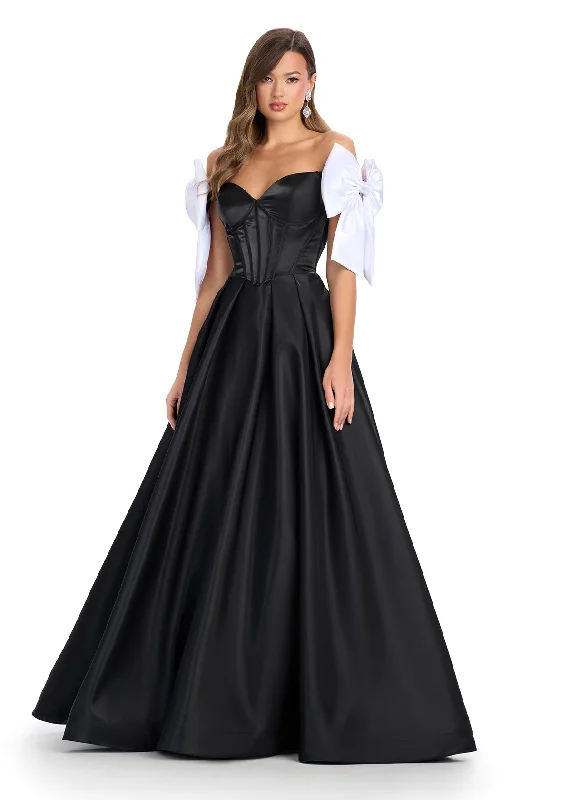 Factory Direct Sale Ashley Lauren 11871 Size 14 Black/White Long Satin Bow off the shoulder Prom Dress Corset A Line Pageant Gown Pockets