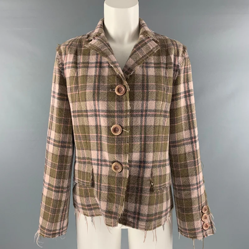Value Deals MOSCHINO Size 12 Pink Olive Wool Plaid Raw edge Jacket