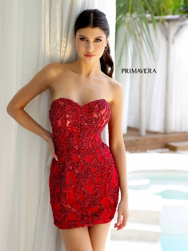 Limited Time Primavera Couture 4227 Size 0 Red Strapless Neckline Cocktail Dress Beaded Design Sweetheart Neckline