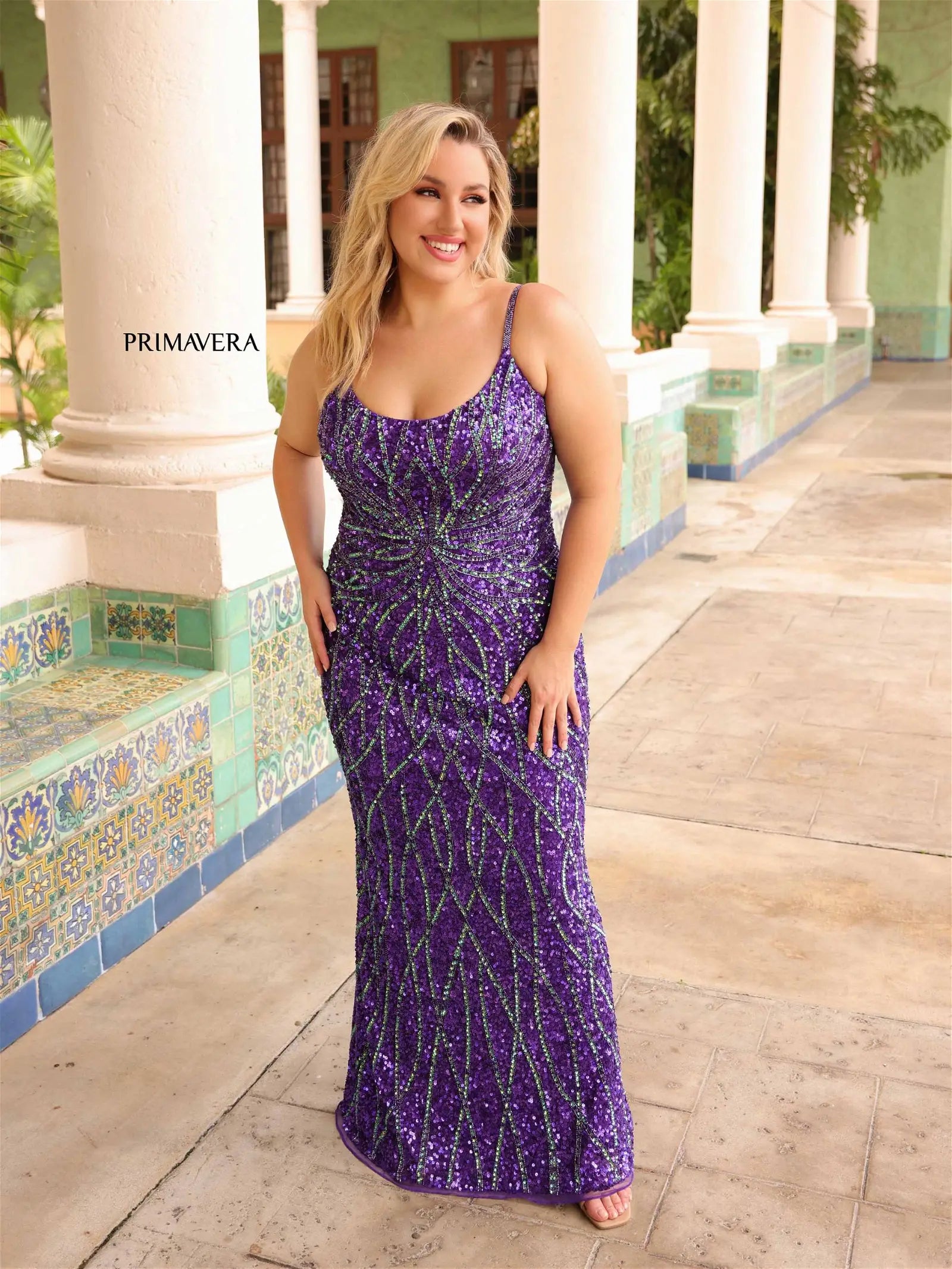 Take Advantage Primavera Couture 14045 Size 22W Purple Plus Size Sequin Prom Dress Backless Corset Scoop Neck Gown