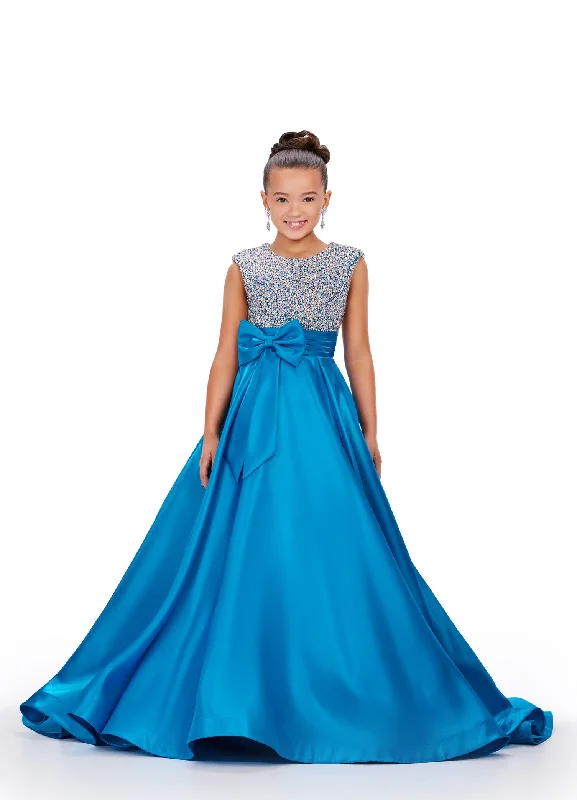 Holiday Sale Ashley Lauren 8247 Size 10 Peacock Girls Satin Ballgown with Stone Encrusted Bodice and a Bow at the Waistline