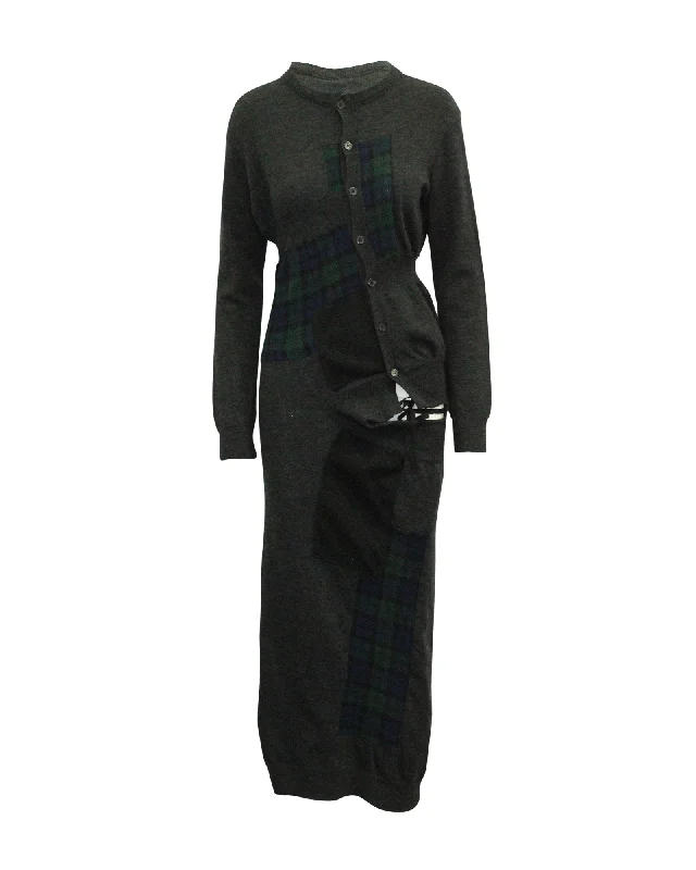 Closeout Sale Yohji Yamamoto Y's Contrast Patch Knit Midi Dress in Charcoal Grey Wool