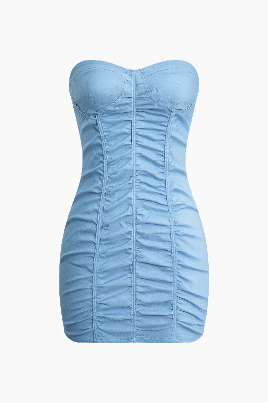 Limited Availability Solid Strapless Ruched Mini Dress