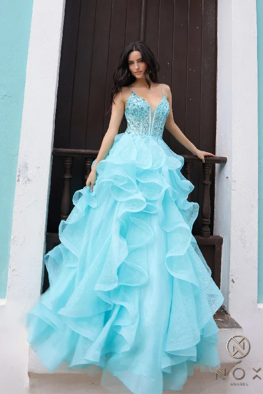 Deal Mania Nox Anabel R1433 Sheer Sequin Corset Ruffle Prom Dress Shimmer Ball Gown Formal V Neck