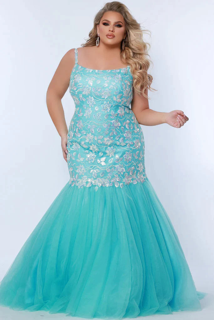 Friends and Family Sale Sydney's Closet TE2316 Size 18 Aqua Lace Appliques With Sequin Mermaid Silhouette Scoop Neckline Plus Sizes Prom Dress