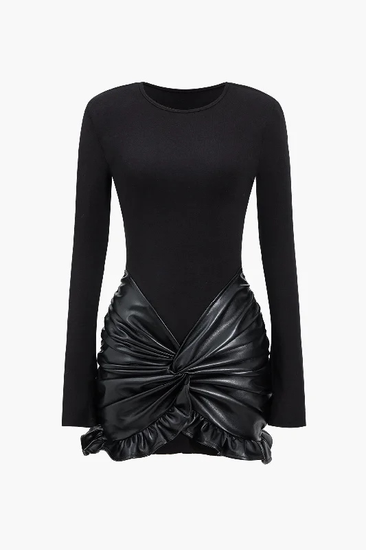 Markdowns Faux Leather Patchwork Ruffle Ruched Long Sleeve Mini Dress