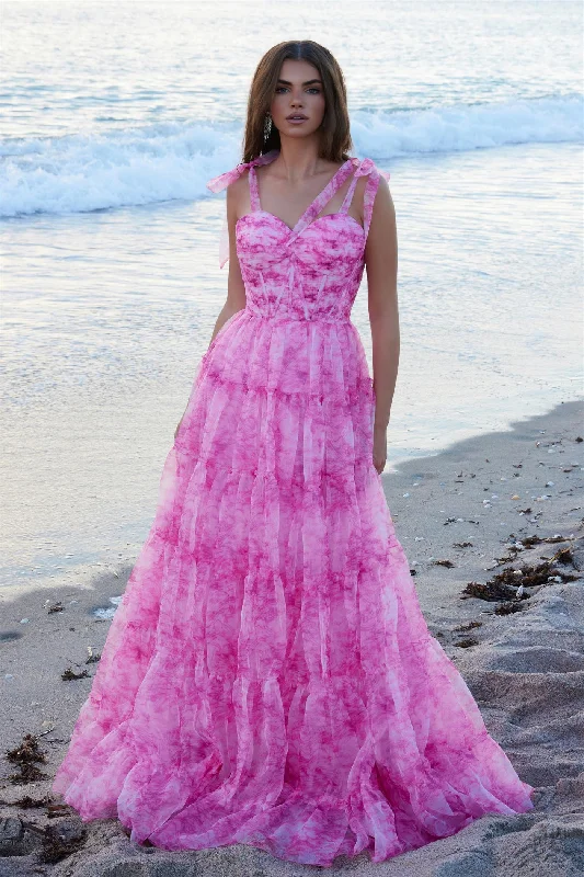 Limited Edition Nox Anabel T1501 Size 0 Fuchsia Print A Line Bow Boho Prom Dress Formal Evening Gown Corset Formal