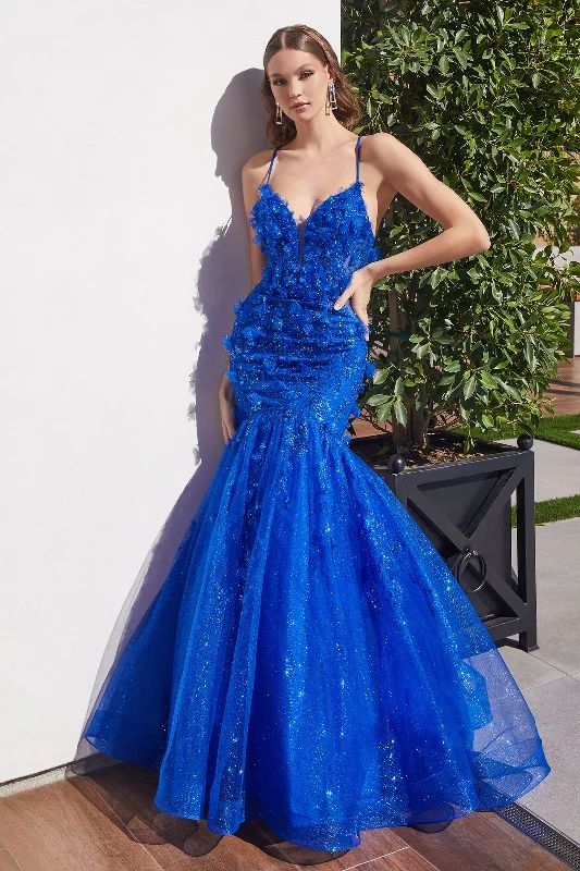 Hurry In Ladivine CM328 Size 8 Royal Floral Mermaid Glitter Prom Dress Corset Formal Gown Sequin Shimmer